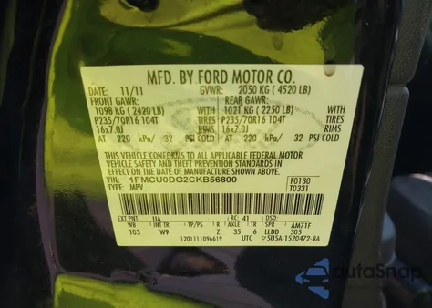 2012 Ford Escape Xlt z USA, uszkodzony, nr VIN 1FMCU0DG2CKB56800